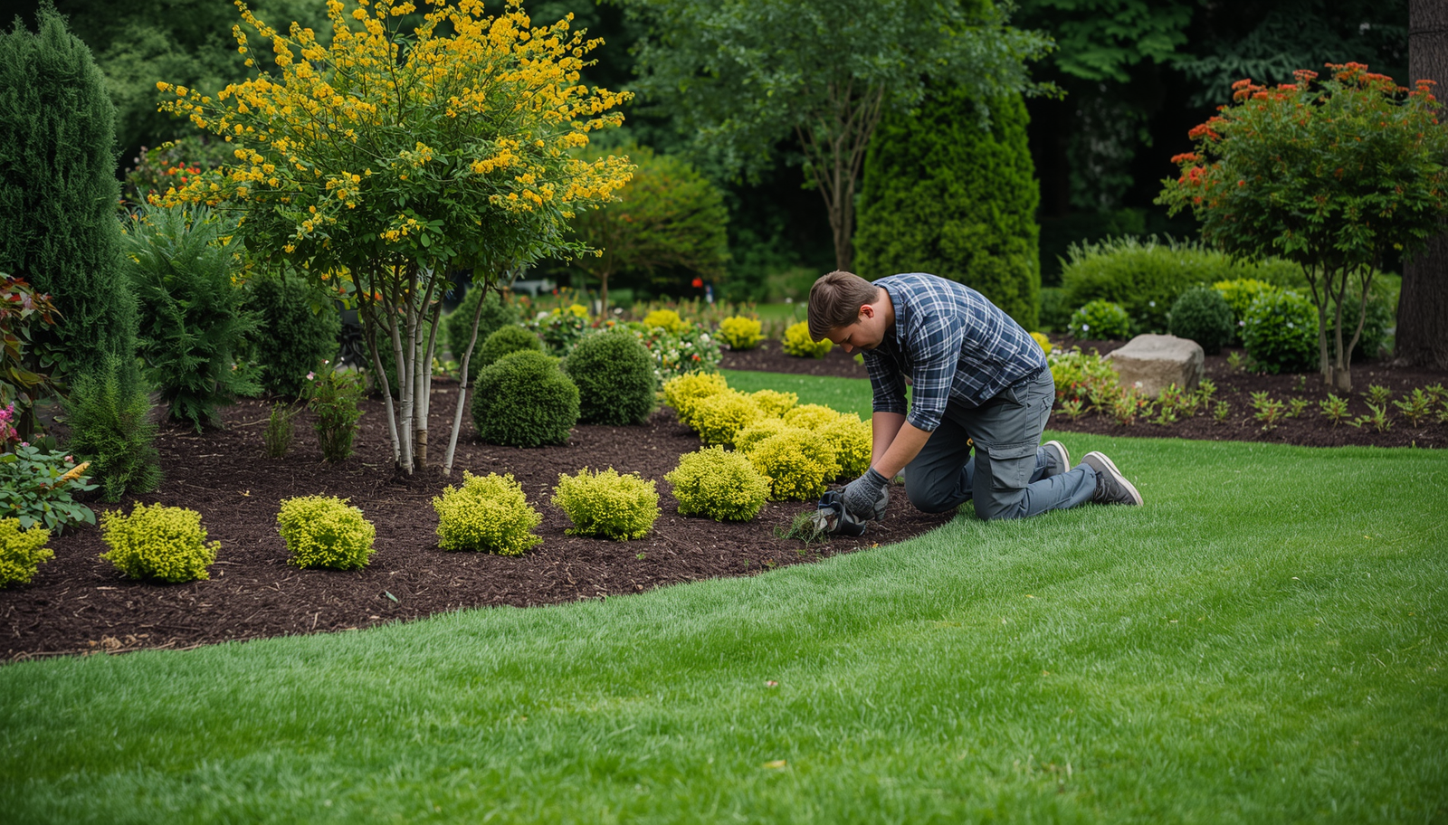 landscaping services, professional landscaping work, lush garden maintenance, landscaper working on beautiful outdoor space, manicured lawn, trimmed hedges, garden care service